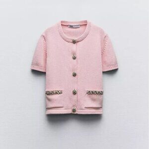 ZARA NEW PLAIN KNIT CARDIGAN WITH RHINESTONE PALE PINK Size L NWT